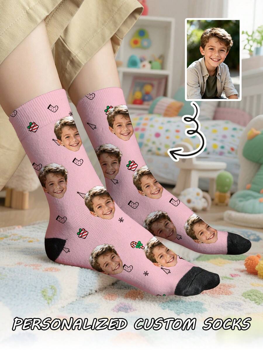 1 Pair Of Christmas Design Customized Face Boy's Front Printed Mid Tube Socks, Couple Socks, Personalized Photo Matching, Funny Couple Socks, Comfortable And Breathable, Creative Cartoon Design, Perfect Holiday, Birthday, Valentine's Day Gifts, Funny, Crazy, Anime, Multi-Color Socks - Multicolor - View 1
