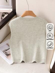 Women's Beige V-Neck Knit Vest For Autumn/Winter, Suitable For School, Commuting, Minimalist Style, Office Wear, Vintage Charm, Casual Sleeveless Knit Top, Beige Preppy Style Sweater Vest - Beige - View 4