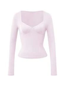 GLAMSKIN Women's Autumn Solid Color Sweet Square Neck Long Sleeve Knit Cropped Top, Sexy Slim Fit Basic T-Shirt, Back To School, Outing, Daily Streetwear - Light Pink - View 3