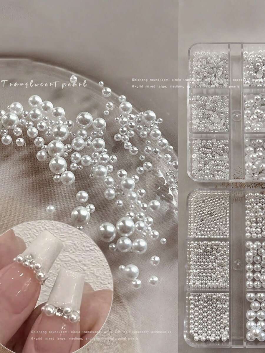 1盒珍珠美甲裝飾品 高光純白色平底半圓混尺寸美甲水鑽 紋理圓珠美甲配件套裝美甲飾品 - 白色 - 查看 1