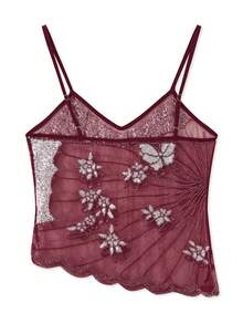 Women Y2k Fairy Sequin Butterfly Cami Tops Sleeveless Spaghetti Strap Mesh Sheer Crop Tank Tops See Through Camisole Summer Slim Fitted Shirt Vintage Aesthetic Clothes 2000S Streetwear - 酒紅色 - 查看 3