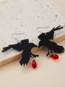 1Pair Gothic Black Crow Pendant Women's Earrings, Black Halloween Jewelry Girls Cool Fashion Accessories, Retro Witch Accessories