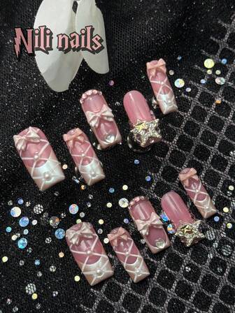 احصل على رومانسية مع 10 قطع مربعة الشكل متوسطة الطول وردية اللون بطراز راقص البالية الحلو، أظافر فرنسية بطرف أبيض لؤلؤي ثلاثي الأبعاد مزينة بفيونكة على الطراز الياباني، طقم أظافر صناعية للبنات والنساء مع ملف أظافر صغير وورقة لاصقة، أظافر صناعية بتدرج أبيض حديث، مستلزمات الأظافر