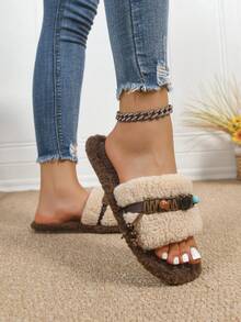 Ciabatte da donna con pendente intrecciato, design con perline e punta aperta, ciabatte morbide e piatte, ciabatte con frange soffici e punta aperta - per interni/esterni, con suola in memory foam stile retrò, ciabatte da camera con perline, comoda vestibilità, stile slip-on, novità autunno/inverno 2025, adatte come regalo per donne, mamme, amiche e damigelle. Scarpe da casa con bordo riccio e soffice, disponibili nei colori caffè, cachi, beige e altri.