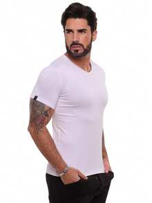 Blusa masculina gola V básica branca malha fria casual  confortável estilosa pratica perfeita - Branco - View 4