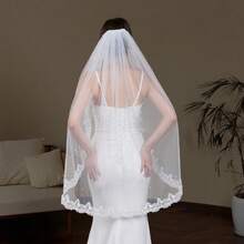 1pc Short Lace Trim Faux Pearl Decorated Bridal Veil, Elegant & Sophisticated Wedding Accessory Valentine's Day Accessories - White - View 4