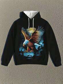 3D Digital Print Eagle & Wolf Pattern Plus Size Men Hooded Sweatshirt, Long Sleeve Sweatshirt For Autumn/Winter, Outdoor Sports Tops