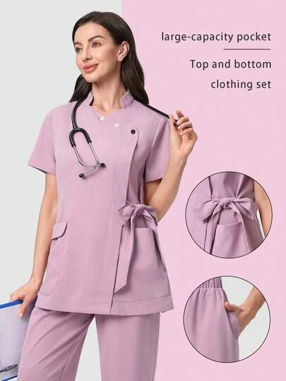 Set uniforme rosa con colletto alla coreana, maniche corte e tasche multiple, adatto per addetti alle pulizie, estetiste, centri di maternità