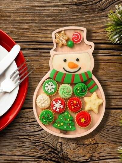 Bandeja de madeira em formato de boneco de neve, bandeja para decoração de Natal, bandeja de madeira para alimentos, prato de frutas e vegetais para cozinha de Natal, bandeja para lanches, bolos e biscoitos, adequada para decoração de mesa de festa, decoração de feriado de inverno e ano novo, tábua de madeira para festa de Natal, decoração de Natal
