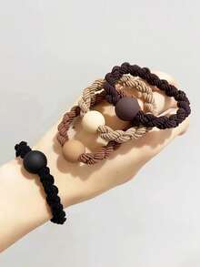 5pcs Coffee-Colored Thick Knitted Pom Pom Elastic Hair Ties, Casual & Versatile, Suitable For Autumn/Winter ,Ponytail Holders ,Hair Elastics ,Hair Rubber Bands ,Scrunchies ,Hair Rope ,Makeup