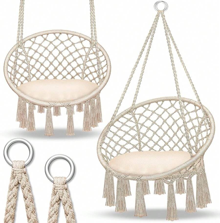 Colgante hasta 150 kg| Columpio para Colgar en Exterior e Interior| Hamaca con Cuerda, Cojines y Flecos| Kit de Suspensión para Jardín, Terraza, Balcón (Beige) - Beis - Ver 1
