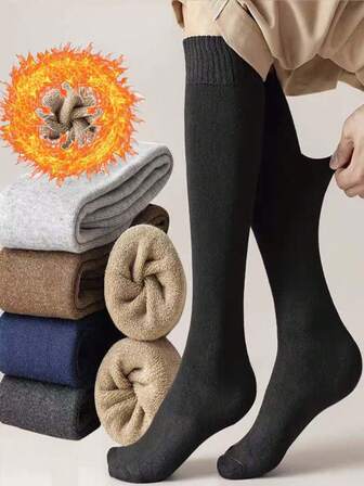 2 Pairs Men's Solid Color Thermal Lined Calf Socks, Warm And Simple, Great Gift For Father, Cozy Socks