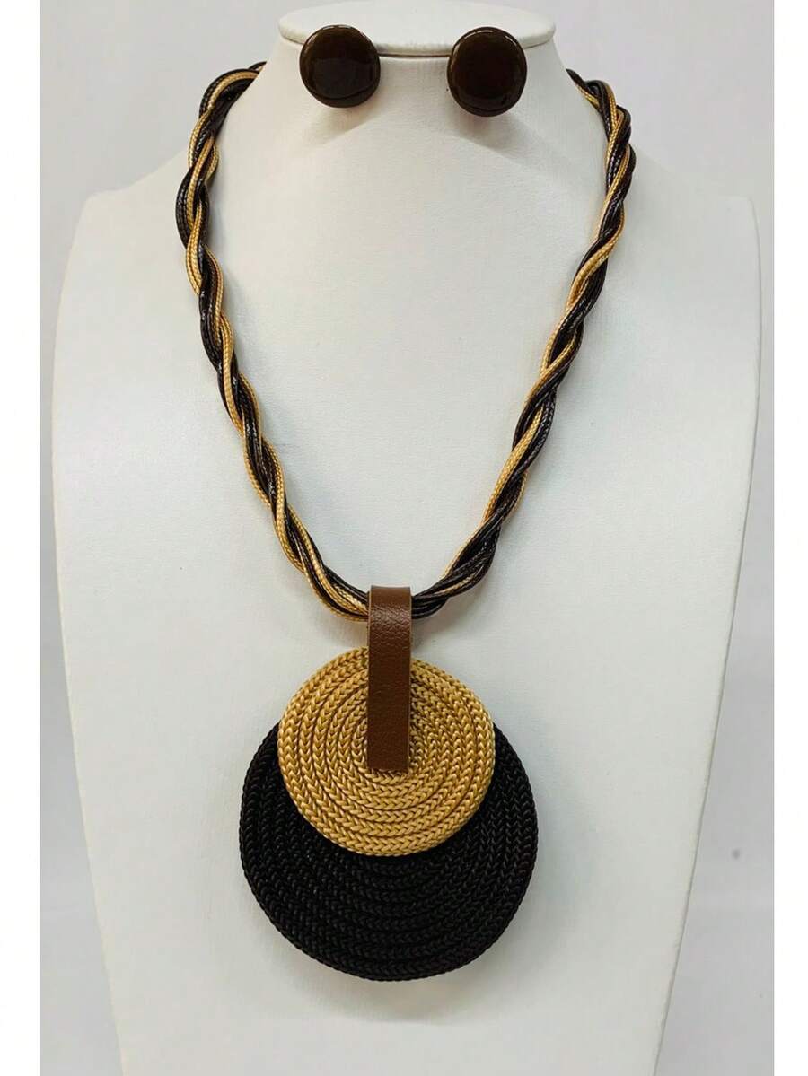 Braided Wire Necklace Set With Double Pendant + Resin Button Earrings – Sophistication In Every Detail. - Brown - View 1