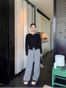 Nuevo cárdigan de punto de manga larga con cuello redondo, holgado y cómodo para primavera y otoño para mujer, cárdigan corto, suéter, chaqueta cárdigan negra