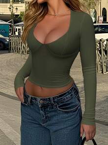 Vaiaye 女士性感修身深V领长袖上衣，纯色针织T恤，适合情人节及春季休闲穿着 - 軍綠色 - 查看 6