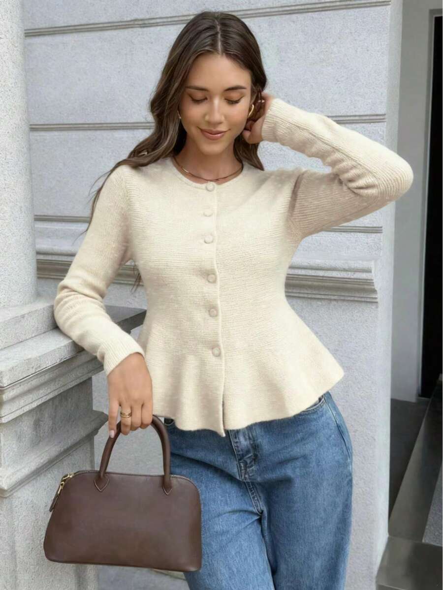 FOR BEAUTY 纯色圆领长袖修身女士毛衣，新款休闲通勤开衫，时尚优雅简约外套毛衣上衣，新年必备 - 花杏 - 查看 1
