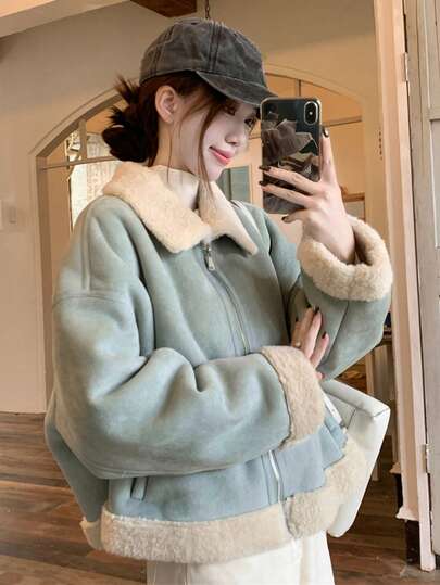 Korean Style Faux Fur Collar Suede Fleece Jacket Women, Zipper Closure Thick Warm Lined Coat For Autumn/Winter