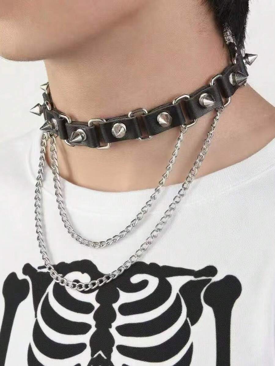 1 pezzo Collana choker in pelle stile punk rock, collana asimmetrica a catena, gioiello di moda unisex