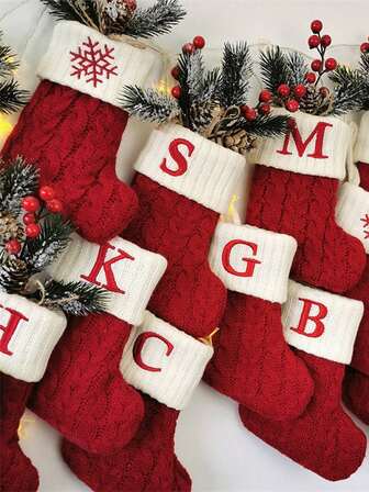 1pc Knitted Letter Christmas Sock, Christmas Decorative Letter Sock, Hanging Decor Sock, Red Christmas Sock, Cute Letter Christmas Decorative Socks, Christmas Decoration, Home Decor, Creative Christmas Tree Hanging Ornament, For Christmas Themed Decoration, Christmas Tree Scene Decor, Home Decor, Room Decor, Bedroom Decor, Yard Decor, Holiday Party Decoration, Christmas Decorations, Holiday Decorative Supplies, Event Party Decorative Supplies, Gift For Friends And Family