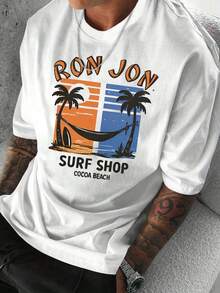 Real Man~Men's Light Blue  Surf Shop Vintage Tropical Tee - Cocoa Beach Surf Shack Graphic Shirt With Palm Trees, Stretchy Regular Fit Casual Beach T-Shirt For Surfing, Vacation & Everyday Summer Outfits, Beach Clothes, Surfing Attire, Nontransparent Material, Laidback Fashion, Breathable Fabric - 白色 - 查看 1