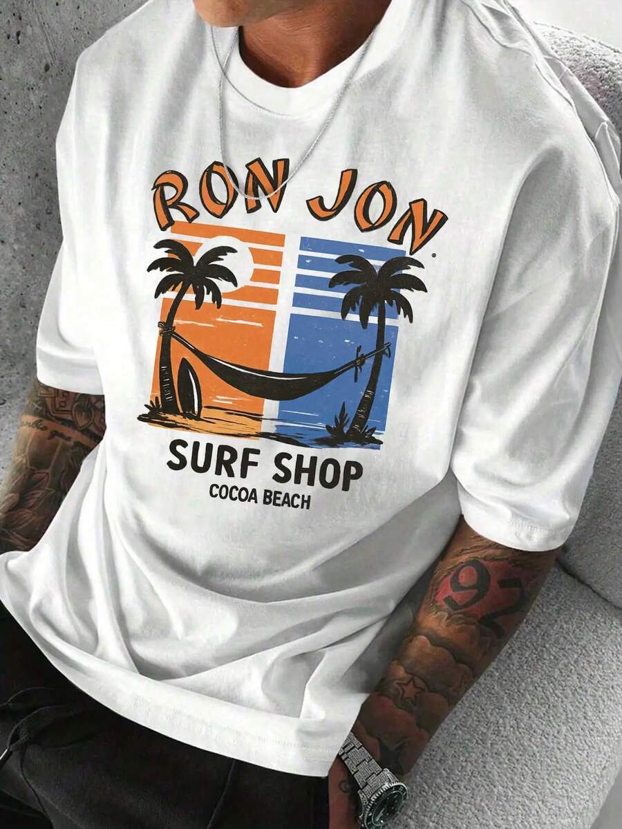 Real Man~Men's Light Blue  Surf Shop Vintage Tropical Tee - Cocoa Beach Surf Shack Graphic Shirt With Palm Trees, Stretchy Regular Fit Casual Beach T-Shirt For Surfing, Vacation & Everyday Summer Outfits, Beach Clothes, Surfing Attire, Nontransparent Material, Laidback Fashion, Breathable Fabric - 白色 - 查看 1