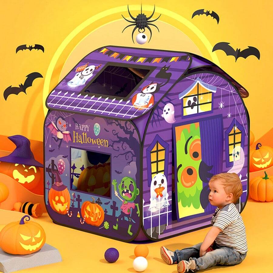 Carpa de juego para niños y niñas, con techo y cortina de puerta, carpa de juego emergente para Halloween para niños pequeños, para uso en interiores y exteriores, plegable, portátil, color morado y adecuada para niños de 3 a 6 años