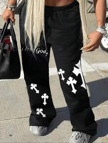 CharmGlow Women's Dark Gothic Cross & Letter - Print Pants - màu đen - Xem 3