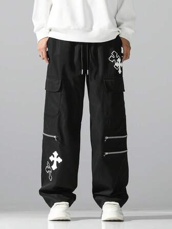 Medium Thick Woven Fabric Cargo Pants, Slightly Stretchy Fabric For Comfort, Loose Fit Design, Elastic Waistband With Drawstring, Cross Faith Graphic Print, Multiple Zipper Decorations, Suitable For Street Fashion, Back To School, Spring/Autumn/Winter Casual Wear