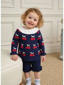 Baby Girls Casual Cute Doll Collar Cherry Pattern Navy Blue Long Sleeve Crew Neck Knitted Sweater With Knitted Shorts, Comfortable And Soft, Suitable For Daily, Vacation, School, Spring, Autumn, Winter - Royal Blue - View 5