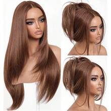 26 英寸 Yaki 直发假发 中分分层假发 女士合成纤维发质 脸部框架分层剪裁假发 长直发假发 渐变棕色分层鲍勃假发 棕色/金色 别致时尚的分层渐变假发 日常生活或派对用假发