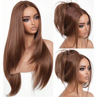 Peluca de fibra sintética de 26 pulgadas con raya al medio, capas y cabello liso tipo yaki para mujeres. Peluca de cabello lacio largo con degradado en tonos marrón y rubio, ideal para uso diario o fiestas.