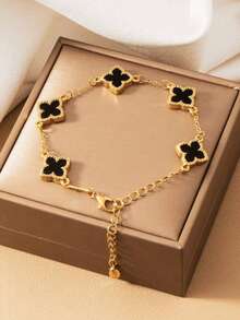 1pc Fashionable & Elegant Golden Lucky Clover Bracelet For Women, Suitable For Daily Wear, Best Summer Gift For Friends - Black - View 4