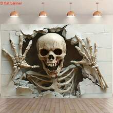 Banner plat 2D, 1 bucată de schelet care sparge peretele, ținând peretele cu ambele mâini, cu pânză de fundal cu sânge și crăpături, creând o atmosferă de groază terifiantă și realistă, perfect pentru decorațiuni de Halloween și evenimente cu tematică de groază, cadouri de sărbători, decorațiuni pentru casă, recuzită de studio, petreceri de tailgating.