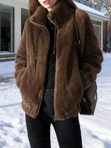 2025 Autumn And Winter Solid Color Zipper Regular Jacket, Women's Elegant Plush Coat, Daily Travel Fashion Items - 棕色 - 查看 4