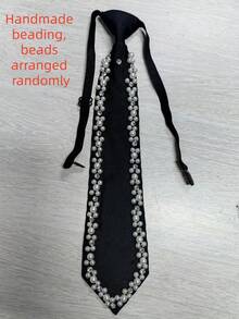 1条优雅女士珍珠领带，手工珍珠装饰领带，可调节丝绸预系领带，适合正式场合、商务会议、婚礼、派对、黑领结活动（手工串珠，珍珠随机排列）