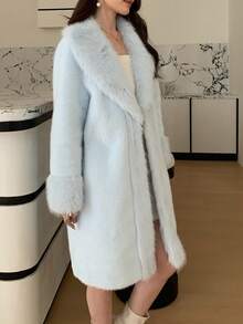 Women's Luxury Solid Color Faux Fur Long Collar Coat, An Ideal Choice For Winter - Baby Blue - View 6