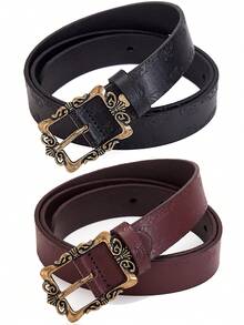 1pc/2pcs Women's Vintage Carved Waist Belt, Solid Color Retro Simple Versatile Ladies Belt, Suitable For Autumn, School
