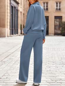 Women's 2 Piece Outfits Casual Lapel Half Zip Sweatshirts And Wide Leg Pants Tracksuit Sets Vacation Spring  Fall Outfits For Women - 灰藍色 - 查看 2