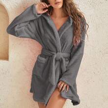 1 pieza Bata de baño con capucha casual de felpa para mujer con cordón, cálida, gruesa, suave y cómoda ropa de dormir linda para otoño/invierno - Multicolor - Ver 6