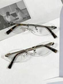 Retro Y2K Frameless Lightweight Non-Prescription Women's Glasses, Luxury Design, Metal Frame, Oval Compact Fashionable Rimless Glasses, Suitable For Daily Wear, Comes With Glasses Case.