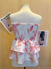 Printed Cropped Blouse With Elastic Ruffle - Baby Pink - View 2