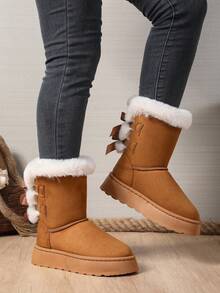 Classic Girl's Waterproof Anti-Slip Mid-Calf Or Rear Bowknot Snow Boots, Versatile Comfortable Warm Ankle Boots, Available In Brown, Black And Beige, Suitable For Indoor Warmth And Mild Outdoor Waterproof, Student Winter Snow Boots, Essential For Christmas - Brown - View 8