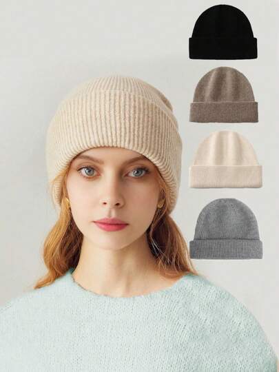 1pc Unisex 100% Wool Thick Cuffed Knit Beanie Hat, Warm Solid Color Slouchy Ski Cap For Autumn/Winter Outdoor Cycling Sports