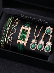 9PCS Green Fashion Women's Watch Set Luxury Versatile Rectangular Dial Quartz Watch Bracelet Necklace Earrings Set Suitable For Daily Clothing Matching Or Holiday Gifts