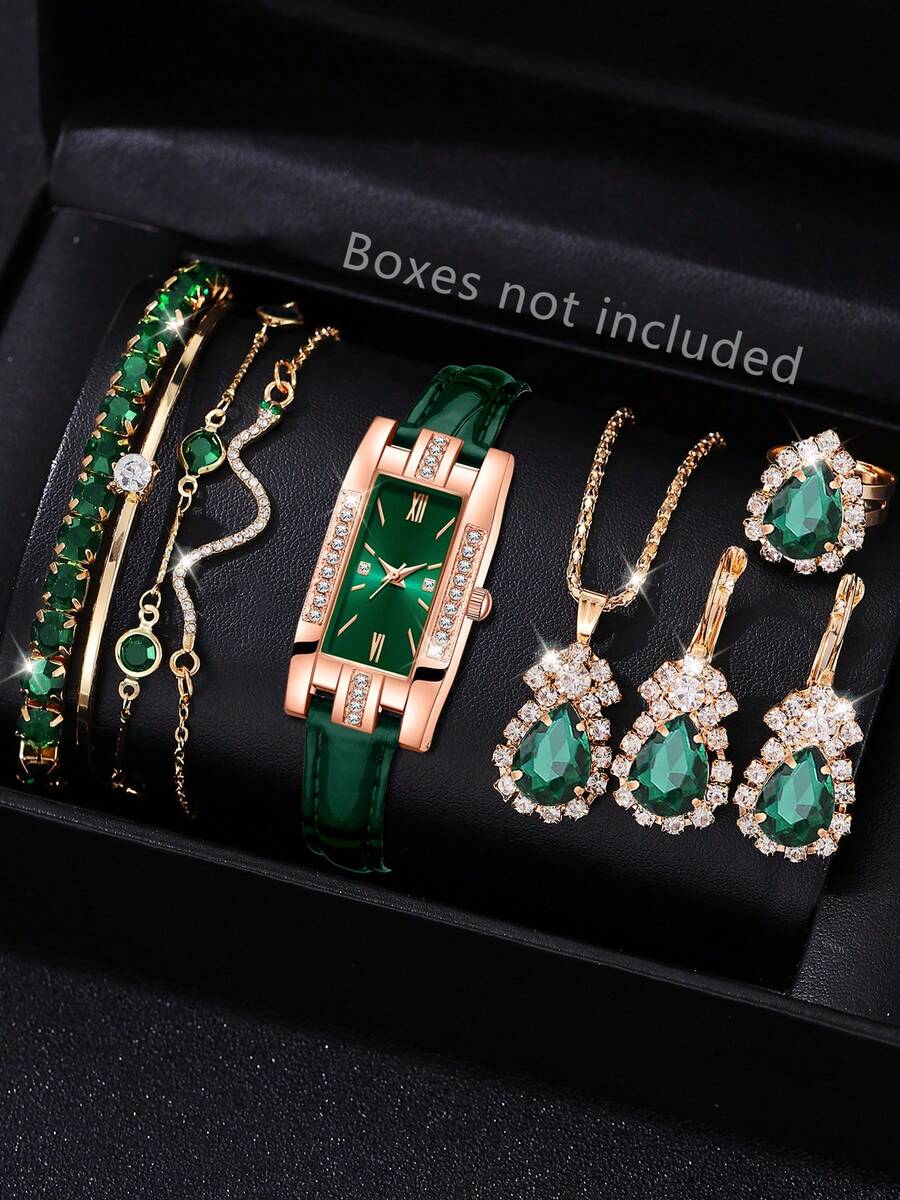 9PCS Green Fashion Women's Watch Set Luxury Versatile Rectangular Dial Quartz Watch Bracelet Necklace Earrings Set Suitable For Daily Clothing Matching Or Holiday Gifts