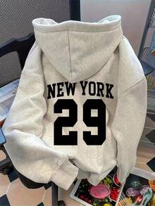 Sudadera con capucha gruesa para mujer de talla grande con estampado de letras de New York, de estilo casual y sencillo, adecuada para otoño/invierno - Gris Claro - Ver 8