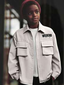 Tween Boy Loose Fit Outdoor White Letter Print Shirt, Autumn