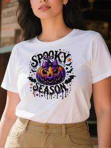 220g pure cotton women's casual T shirts thick and comfortable vintage Spooky Season pumpkin bat graphic tee - Blanco - Ver 1