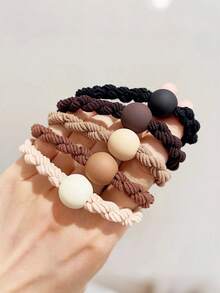 5pcs Coffee-Colored Thick Knitted Pom Pom Elastic Hair Ties, Casual & Versatile, Suitable For Autumn/Winter ,Ponytail Holders ,Hair Elastics ,Hair Rubber Bands ,Scrunchies ,Hair Rope ,Makeup