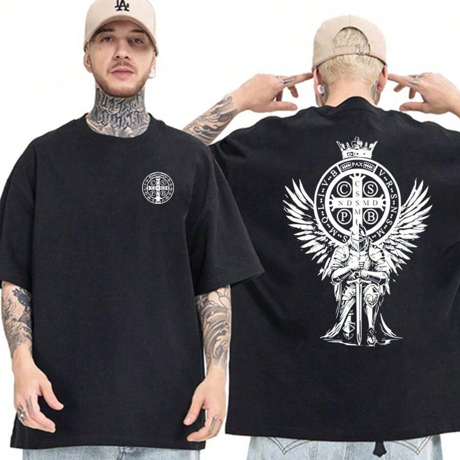Saint Benedict Medallion Shirt Catholic Faith Protection Basic And Oversized Unisex T-Shirt - 黑色 - 查看 1